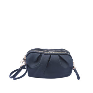 Textured crossbody bag with pleated design and double zip closure.