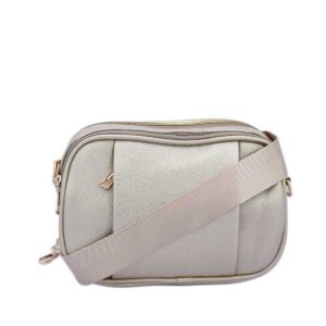 Compact crossbody bag with textured finish and gold-tone accents.