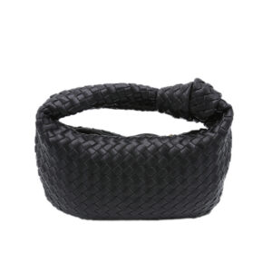 Black woven handbag with a knotted handle.