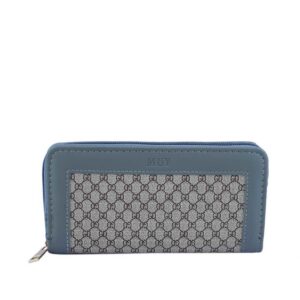 A zippered wallet with a repeating logo pattern.