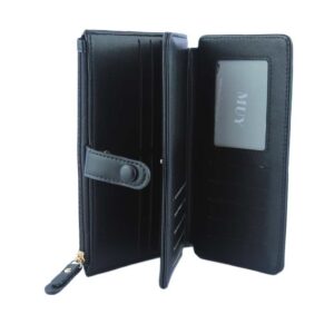 A long wallet with a front flap and snap closure.