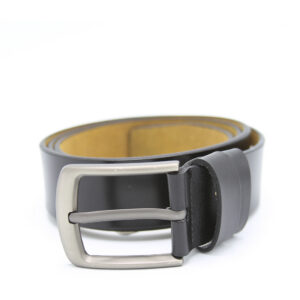 Men's black leather belt with a gunmetal buckle