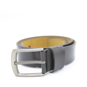 Men's black leather belt with a gunmetal buckle