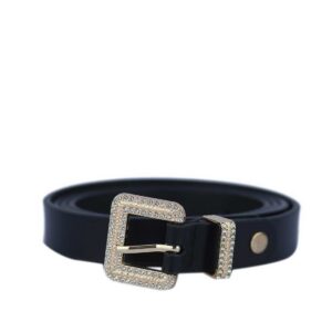 Belt with a square, rhinestone-embellished buckle.