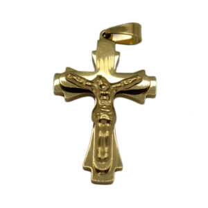 Gold-plated stainless steel crucifix pendant.