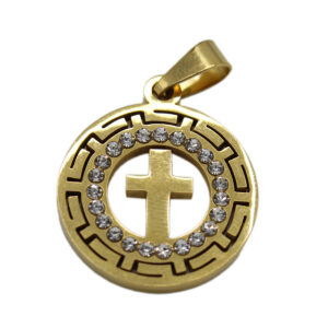 Round, gold-colored pendant with a cross design
