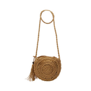Woven round pouch with tassel.
