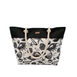 Printed beach tote with rope handles.