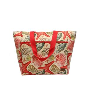 Printed beach tote with shoulder handles.