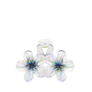 Glossy plumeria flower hair clips with an iridescent finish in a twin set.