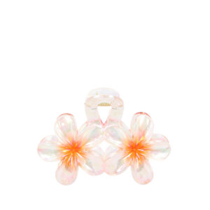 Glossy plumeria flower hair clips with an iridescent finish in a twin set.
