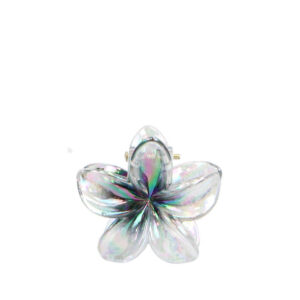 Glossy plumeria flower hair clip with a shimmering iridescent finish.