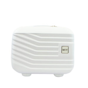 Hard shell vanity case with ribbed design and top handle for organized travel storage.