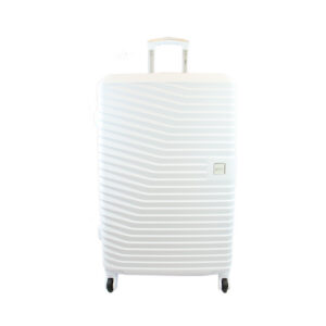 Hard shell luggage with ribbed design and smooth 360 spinner wheels for easy travel.