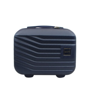 Hard shell vanity case with ribbed design and top handle for organized travel storage.