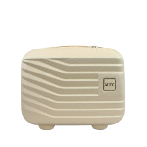 Hard shell vanity case with ribbed design and top handle for organized travel storage.