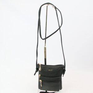 Compact crossbody bag with multiple zip pockets and adjustable shoulder strap.