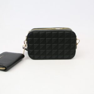 Textured geometric pattern zip around wallet with spacious interior compartments.