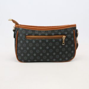 Printed pattern crossbody bag with zip closure and adjustable shoulder strap.