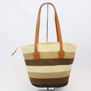 Women's woven beach tote bag with striped design and double shoulder handles.