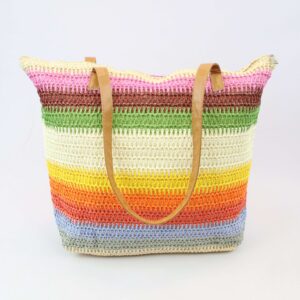 Large woven striped beach tote with double shoulder handles for summer outings and daily essentials.