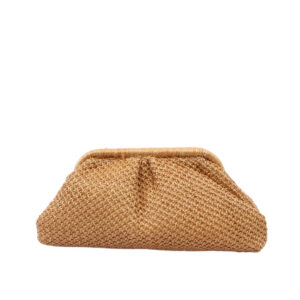 Woven clutch bag with textured finish and structured frame for stylish everyday use.