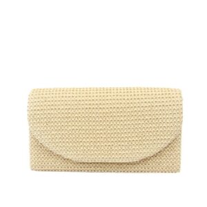 Textured clutch bag with flap closure and chain strap for casual and evening wear.
