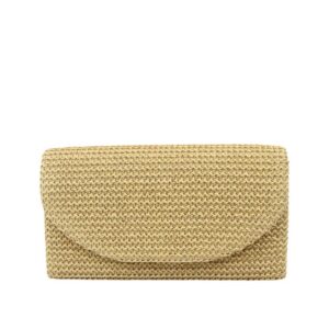 Textured clutch bag with flap closure and chain strap for casual and evening wear.