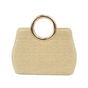 Woven clutch bag with round metal handle detail, ideal for casual and occasion wear.