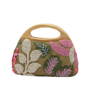 Floral embellished clutch bag with sequin detailing and wooden handle for standout styling.