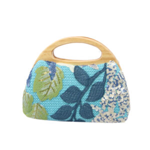 Floral embellished clutch bag with sequin detailing and wooden handle for standout styling.