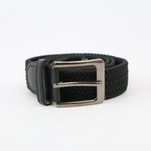 Braided stretch belt with metal pin buckle and elastic woven design.