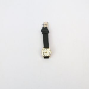 Classic analog wrist watch with Roman numeral dial and buckle strap design.
