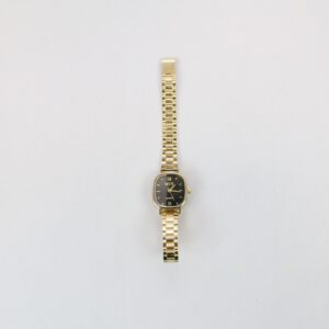 Square dial analog wrist watch with Roman numeral markers and metal link strap.