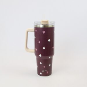 Printed insulated travel mug with handle and clear lid for everyday drinks.
