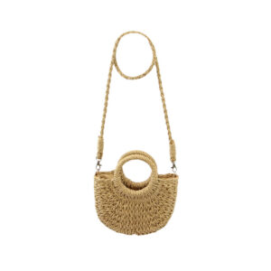 Crossbody bag with woven straw design, rounded silhouette and structured top handles for casual everyday use.