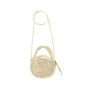 Round woven crossbody bag with spiral design and long shoulder strap for casual everyday use.