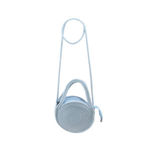 Round woven crossbody bag with spiral design and long shoulder strap for casual everyday use.
