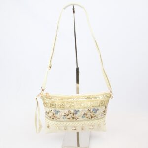 Woven finish with embroidered details and zip closure clutch bag