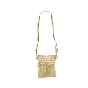 Crossbody bag with woven straw design, lace and sequin detailing, shell charms and secure zip closure for casual summer use.