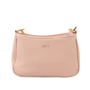 Crossbody bag with compact curved design and top zip closure for everyday use.
