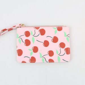 Heart print compact wallet with zip coin pocket and multiple card slots.