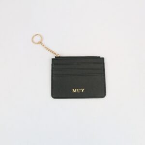 Slim card holder with zip coin pocket and multiple card slots.