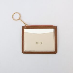 Slim card holder with zip coin pocket and keyring chain attachment.