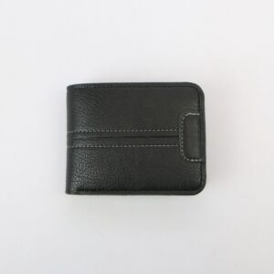 Textured bifold wallet with stitched panel design and card slot pocket.