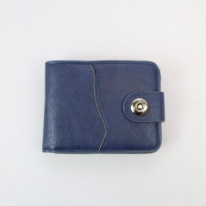 Curved panel bifold wallet with snap button tab closure and compact design.