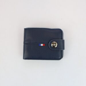 Textured bifold wallet with snap button tab closure and stitched panel detail.