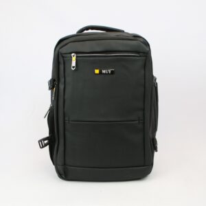 Mens structured backpack with top handle, front zip pocket, and adjustable shoulder straps.