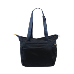 Shoulder bag with soft fabric body, zip compartments and adjustable strap for everyday use.