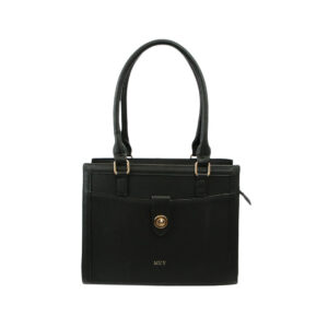 Shoulder bag with structured panel design, double top handles and front twist lock closure for everyday use.